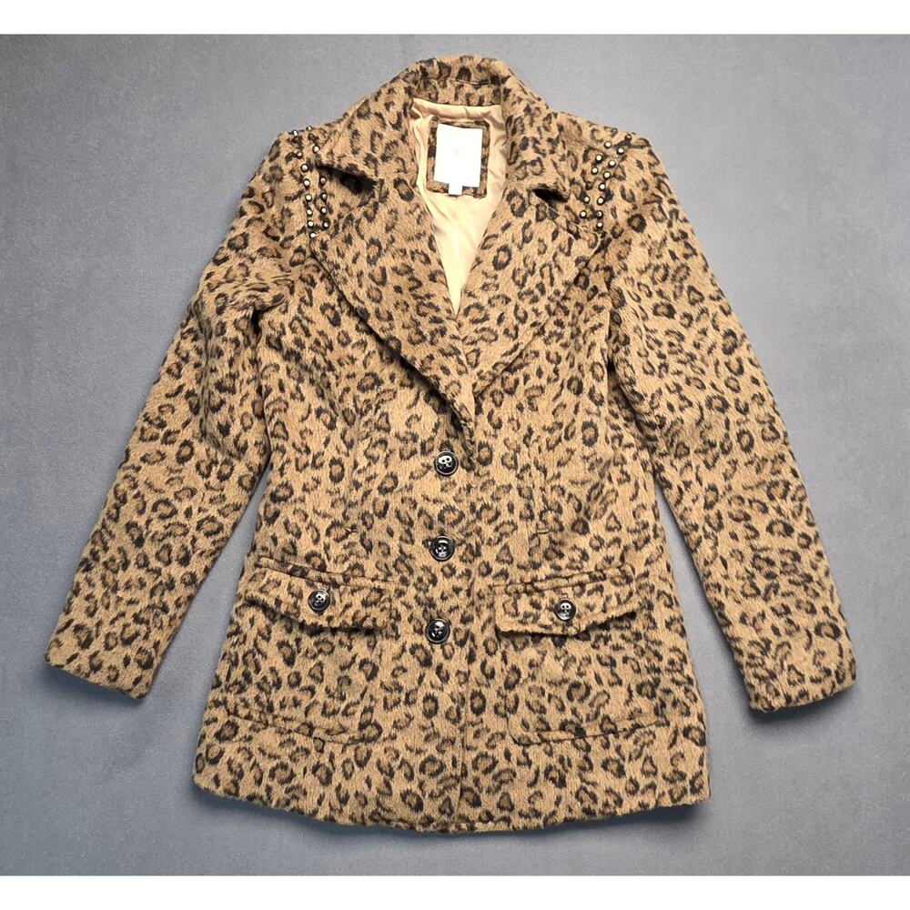 Women's GUESS Leopard Print Faux‎ Fur Studded Trench Coat Jacket Size Small